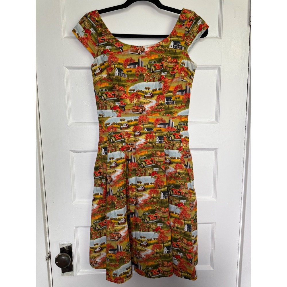 Retrolicious Women Small Fall Harvest Pumpkin Farm Truck Cotton A-Line Dress